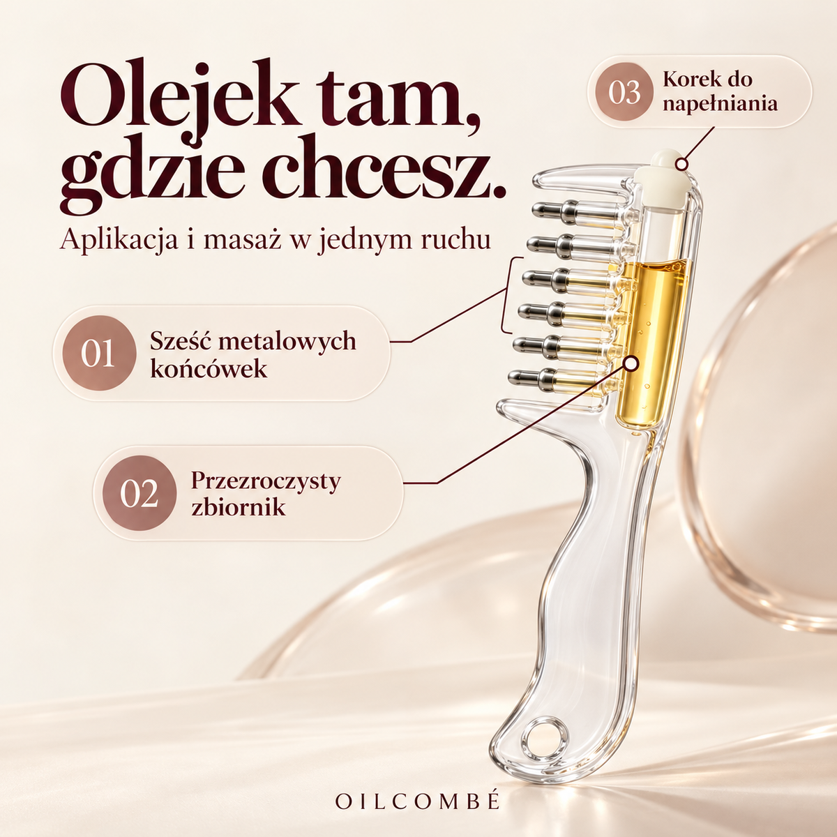 OILCOMBÉ — końcówki, zbiornik i korek do napełniania